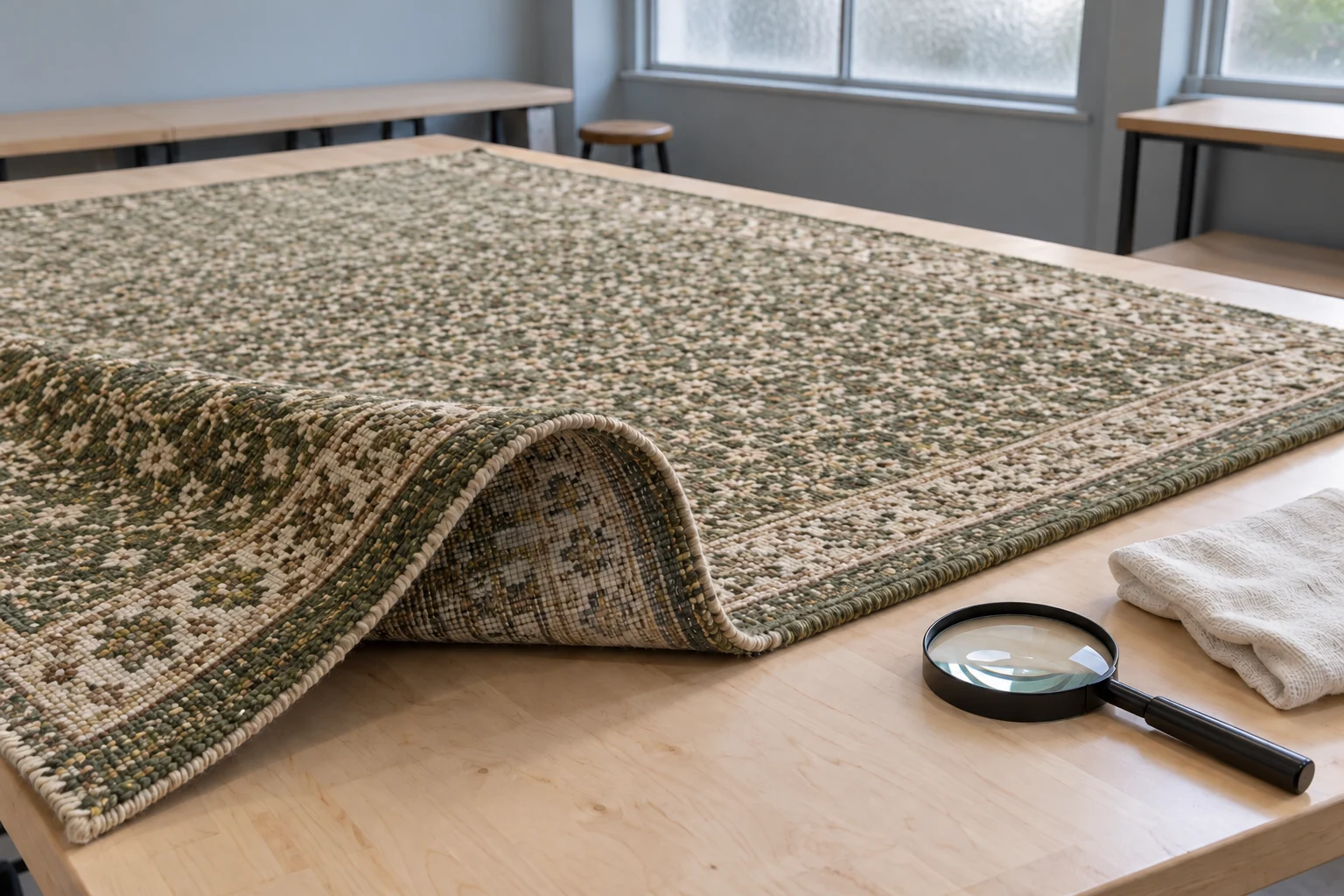 Green wool rug with one corner turned back beside a magnifying glass and dry white cloth