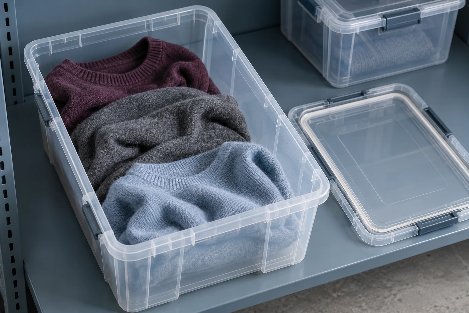 Loosely folded wool sweaters inside a clear storage bin with its gasketed lid beside it.