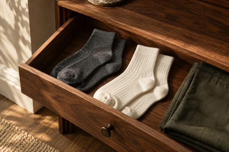 Gray and ivory socks arranged in a walnut wardrobe drawer beside folded trousers
