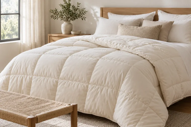Cream comforter folded back on a bed in a bright neutral bedroom