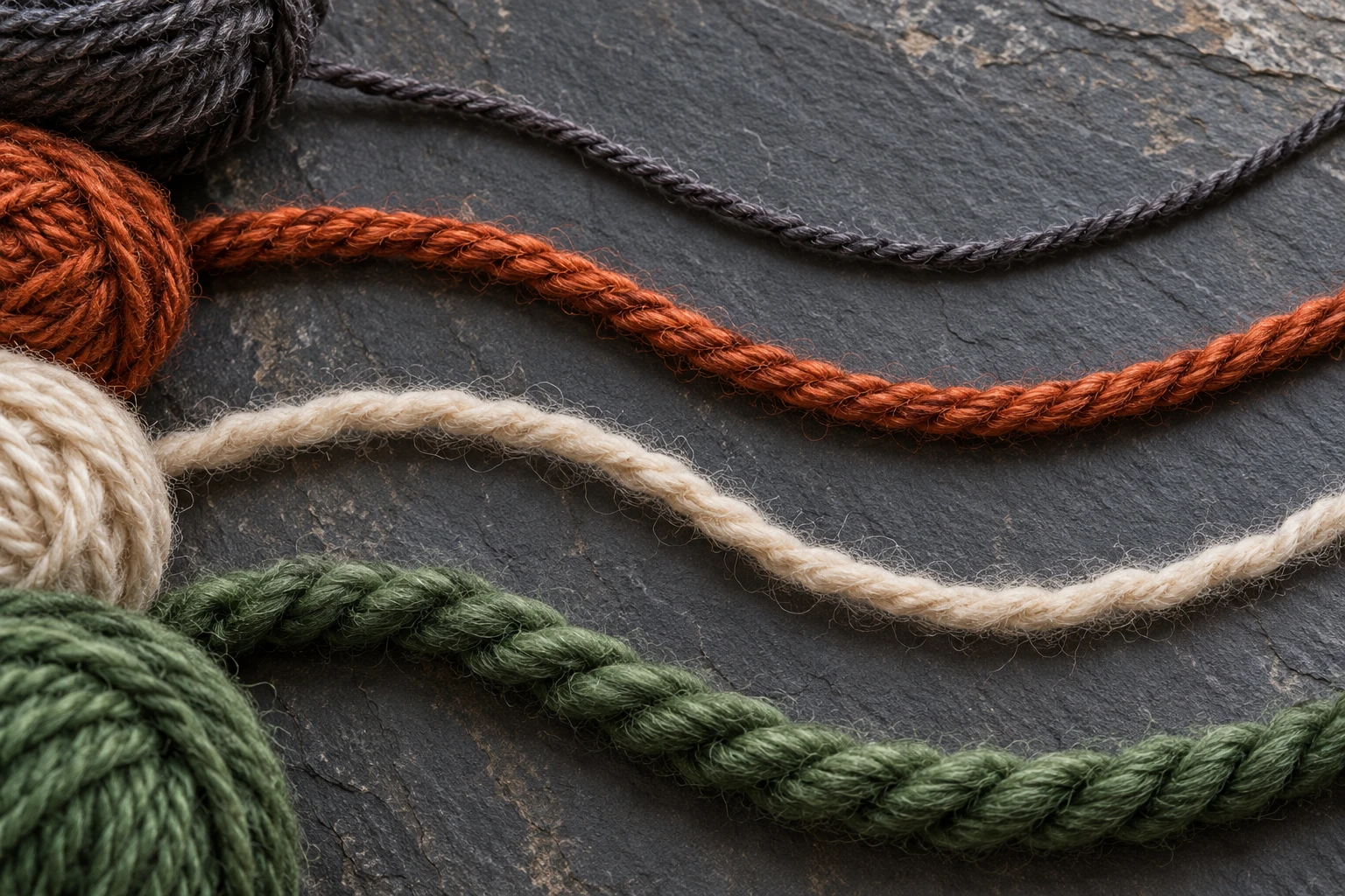 Close-up of wool yarns with different thicknesses and twisted textures